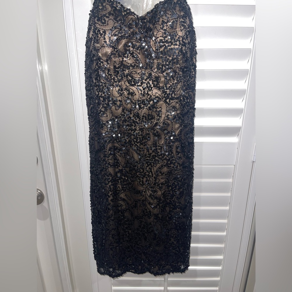 Scala black, fully beaded strapless dress; size 8
